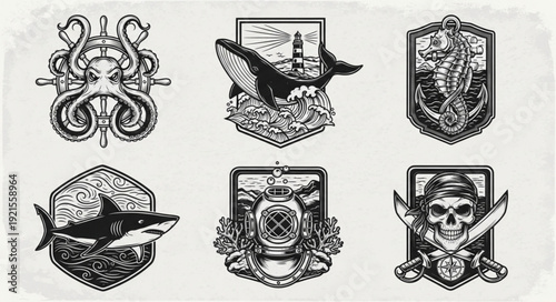 Nautical Emblem Set Featuring Octopus Whale Shark Skull and Lantern.