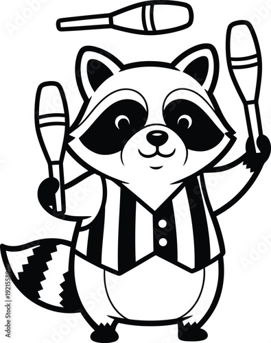 Raccoon juggling clubs cartoon character. Cute animal performer illustration. Vector illustration