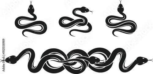 Black snake silhouette collection vector illustration featuring coiled serpents, slithering poses, minimal flat design, isolated reptile symbols for tattoo, logo, decor