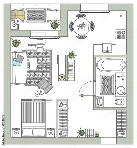 Detailed apartment furniture overhead top view. Sketch of interior plan. Room in flat style. House floor design project. Vector