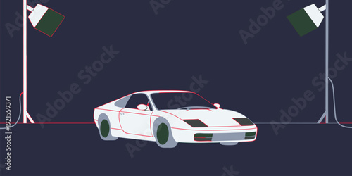Stylized flat design illustration of a white sports car with red outline on dark blue background
