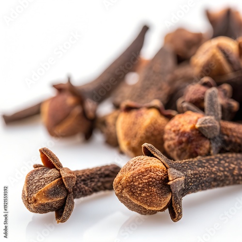 A close up view of dried whole cloves with a shallow depth of field on white background