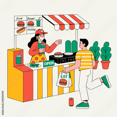 A man walking past a food vendor on the street