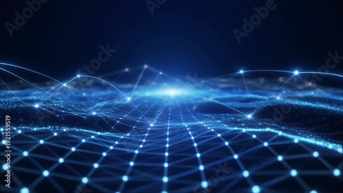 Futuristic digital network visualization with glowing blue nodes and lines creating a dynamic, undulating surface against a dark background with bright light emanating from the center