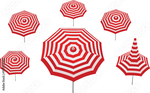 Red and White Striped Beach Umbrella Vector Set with Top and Perspective Views, Summer Seaside Sunshade Collection for Vacation Design