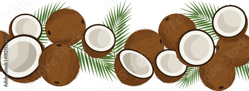 Coconut Border Vector Illustration with Whole and Halved Tropical Fruits and Palm Leaves, Exotic Summer Frame Decoration Collection