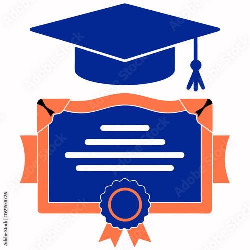 A blue graduation cap and certificate on a white background