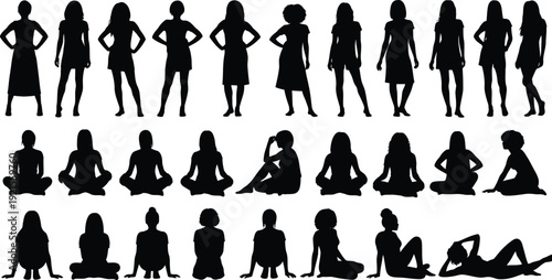 Collection of female silhouettes in various poses and outfits