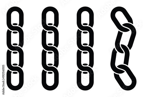 Four black chain links on a white background, three straight and one curved