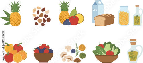 Healthy Food Vector Set with Fruits, Vegetables, Nuts, Bread and Dairy Products, Organic Nutrition Collection for Diet and Grocery Design