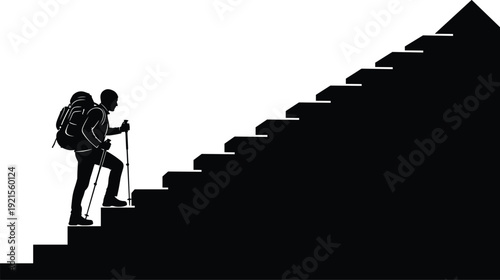 Black vector silhouette of a male hiker with a backpack and trekking poles climbing steep stairs for outdoor fitness mountain adventure and travel branding,