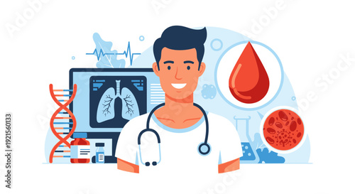 Smiling Doctor with Healthcare and Diagnostics Concepts