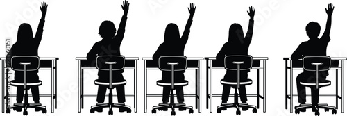 Black vector silhouette of a row of students sitting at desks and raising their hands in a classroom for school education and learning branding