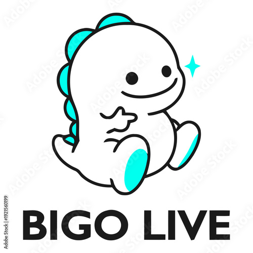 Cartoon white dinosaur-like creature with blue accents sitting, smiling, and pointing, with 'BIGO LIVE' text below on a white background.