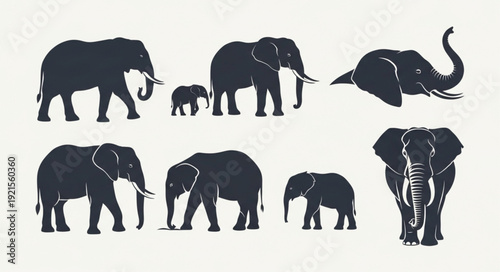 Collection of Elephant Silhouettes in Various Poses.