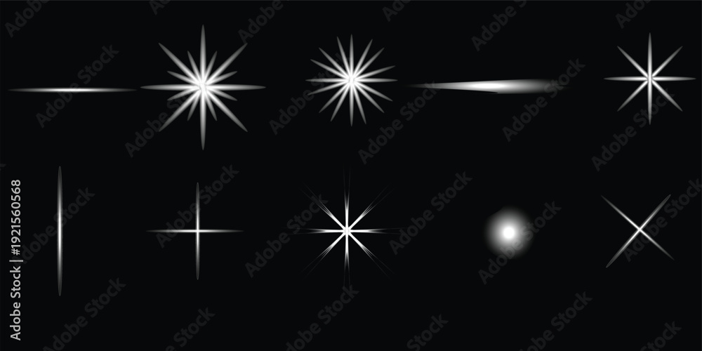 Fototapeta premium Collection of white starburst effects on a black background for graphic design