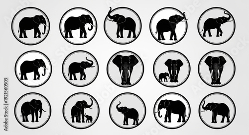 Collection of Elephant Silhouettes in Circular Frames.