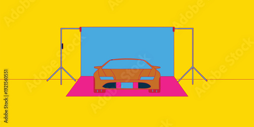 Flat design illustration of a luxury car on a pink platform in a photo studio setup