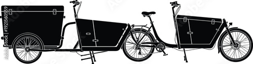 Cargo bicycle silhouettes with front box and trailer isolated on white background urban delivery transport eco friendly cycling illustration set sustainable logistics concept