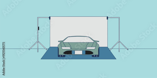 Minimalist illustration of a green car in a professional studio setup with white backdrop and lights