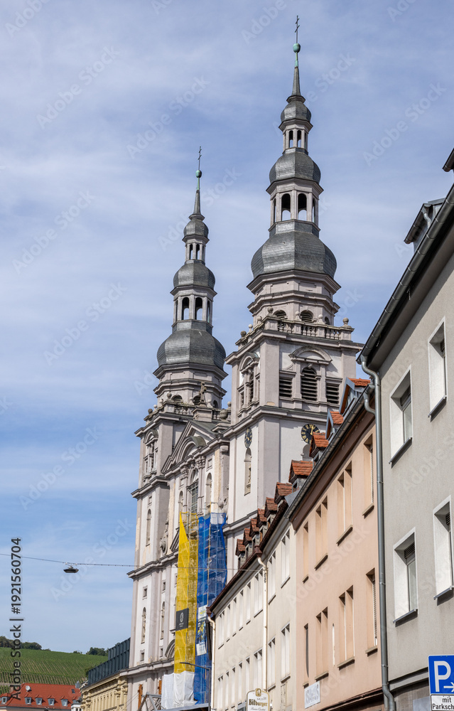 Naklejka premium Stift Haug, Baroque church with a large dome, a historic religious landmark in the city. Würzburg, Bavaria, Germany 