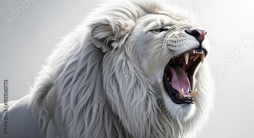 Majestic white lion roaring fiercely with open mouth in dramatic gray background wildlife portrait