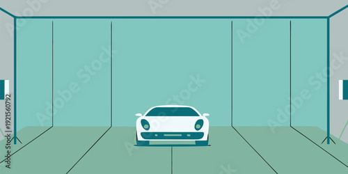 White sports car illustration in a minimalist teal room with infinite mirrored walls and artistic design