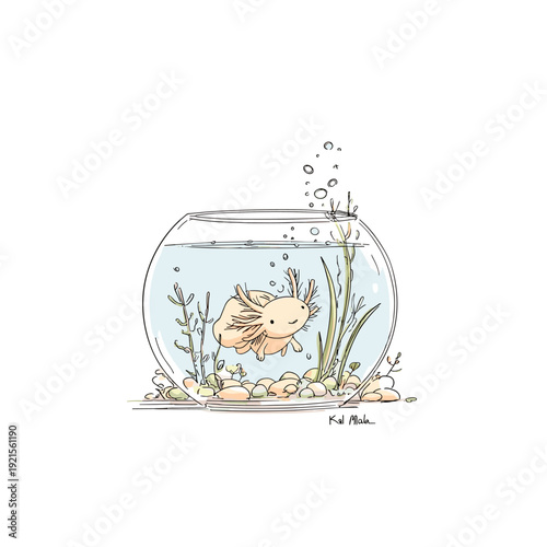 Cute Axolotl Floating in Glass Bowl