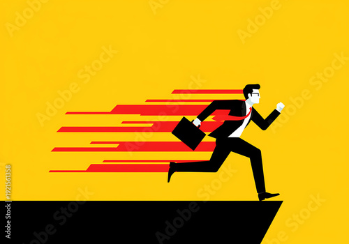 Energetic businessman in a suit running off a cliff with motion streaks indicating speed