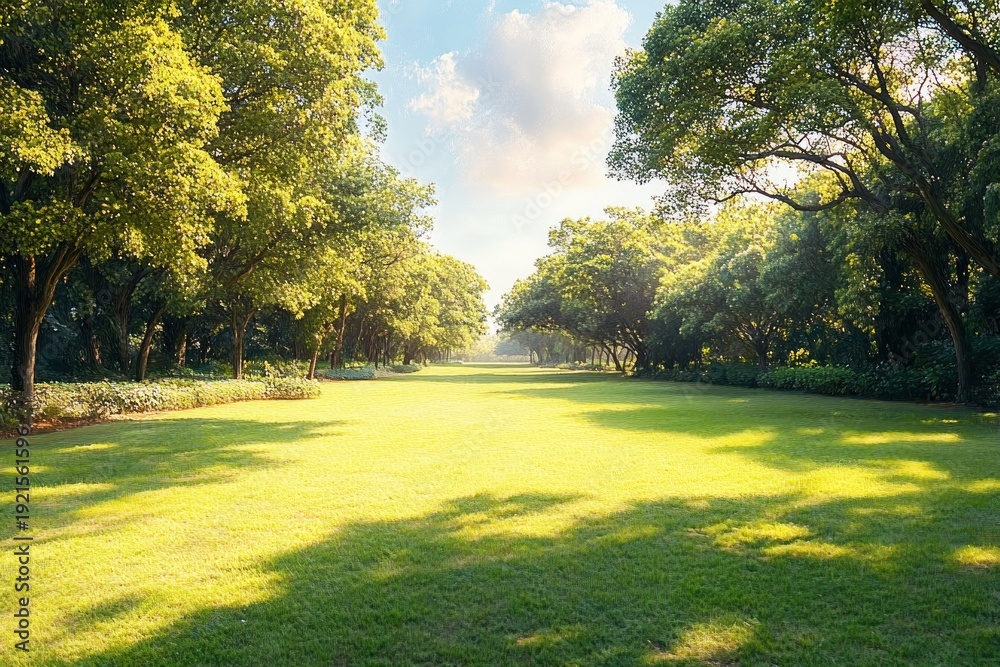 Obraz premium Tranquil sunlit tree-lined grassy avenue with dappled shadows, soft clouds and bright blue sky in a peaceful park