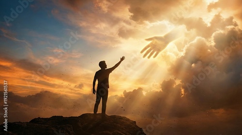 Small man sees God's hand in clouds seeking salvation from death concept. A person reaching out to a divine hand in a dramatic sunset sky.