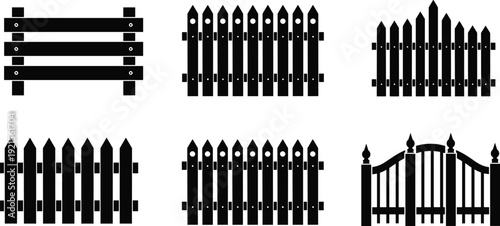 Fence and gate silhouette illustration set including wooden panels, picket fences, and decorative garden gates, vector icons for construction, boundary, and landscaping design