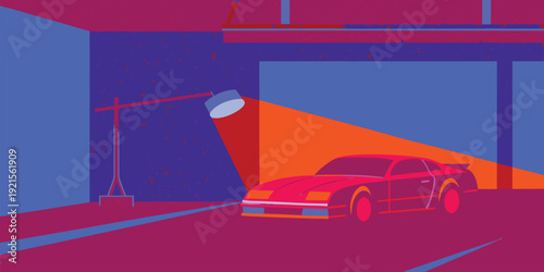 Vibrant graphic illustration of a retro sports car under a spotlight in a modern garage workshop