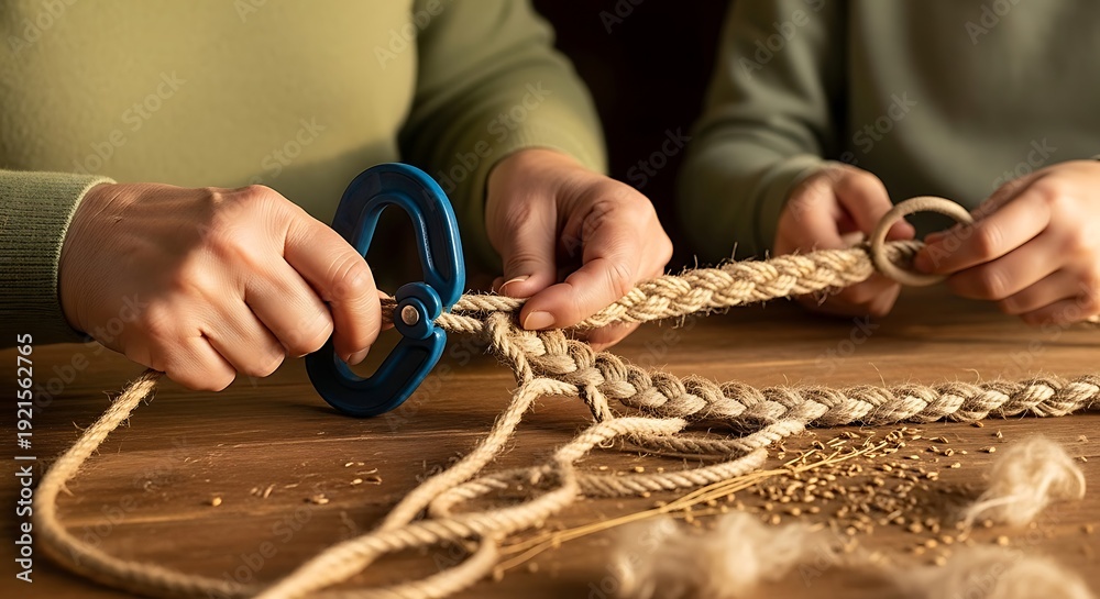 Obraz premium Person tying a knot with a rope on a wooden table
