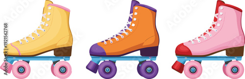 Colorful Roller Skates Vector Set with Retro Quad Boots in Yellow, Orange and Pink, Fun Vintage Skating Equipment Illustration for Sport and Recreation Design