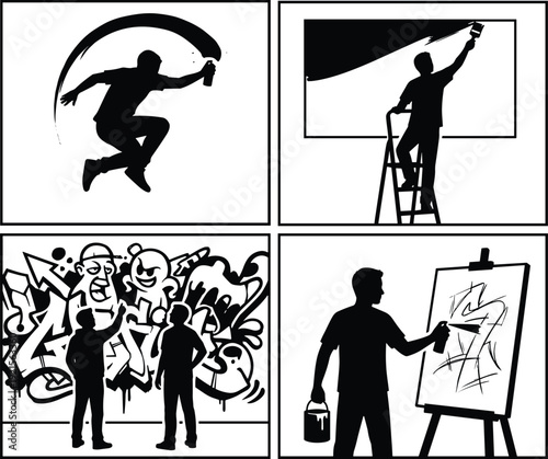 Street artist graffiti painting silhouettes set isolated on white background, urban art mural creation, spray paint action, creative vandalism concept illustration collection.