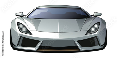 Digital illustration of a silver supercar with a front view and modern aerodynamic design lines