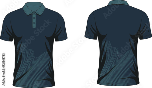 Minimal navy polo shirt mockup, front and back view, abstract wave pattern design, sportswear apparel cad drawing flat vector illustration