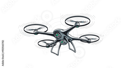 Sleek dark grey quadcopter drone with green cameras hovering against a clean white background with subtle circular target graphics.