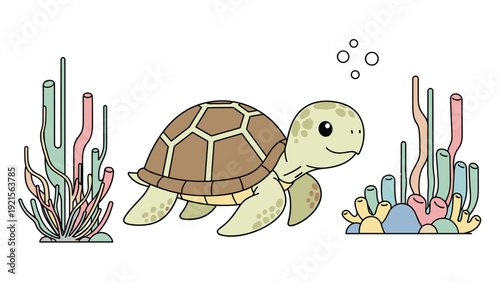 Friendly cartoon sea turtle swimming among colorful coral reefs and underwater bubbles against a clean white background.