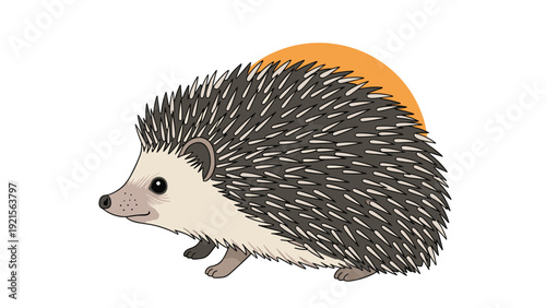 Adorable illustration of a hedgehog with sharp brown spines and a cute face standing in front of a large orange sun.