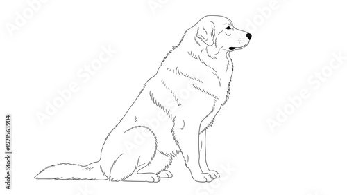 Large fluffy mountain dog sitting gracefully in a detailed black and white line art style illustration for pet breed guides.