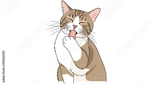Cute tabby cat with white chest grooming its paw in a detailed colorful vector character illustration for pet lovers.