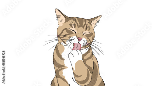 Detailed head portrait of a tabby cat grooming its paw in a clean colorful vector character illustration for cat enthusiasts.