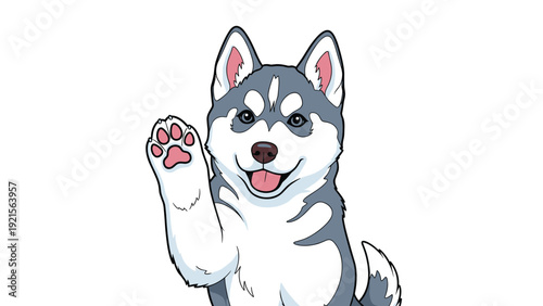 Adorable Siberian Husky puppy head waving a paw with a happy expression in a cute colorful vector character illustration.