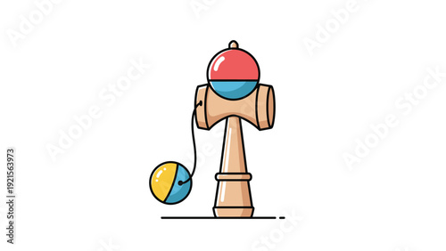 Traditional Japanese kendama toy with red and yellow balls shown in a simple clean vector illustration for children games.