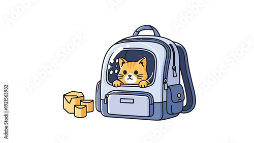 Small ginger cat looking through a bubble window of a blue pet carrier backpack in a cute colorful vector illustration.