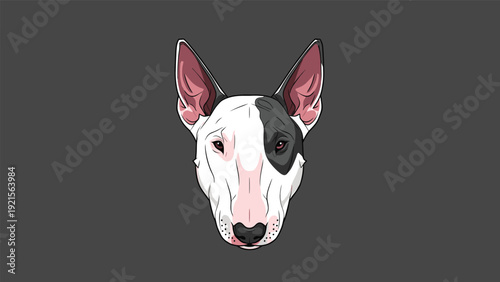 Strong Bull Terrier head portrait with a unique black eye patch shown in a clean colorful vector character illustration.