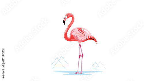 Elegant pink flamingo standing in water with stylized geometric mountains in a modern colorful vector nature illustration.