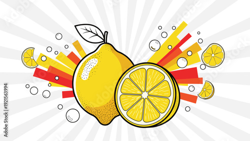 Lemon and slice illustration with retro sunburst background and bubbles for fresh summer fruit and citrus beverage design.